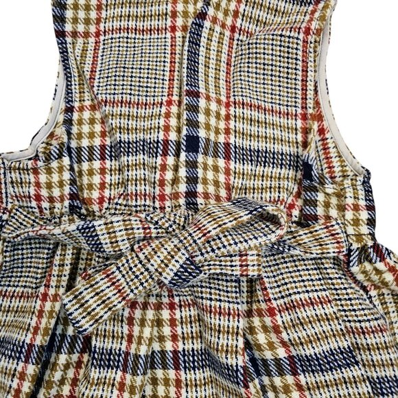 Vintage 70s 2T 3T Plaid Pinafore Dress Long Maxi Button Up Tan Navy Red‎ Gold - Picture 4 of 10